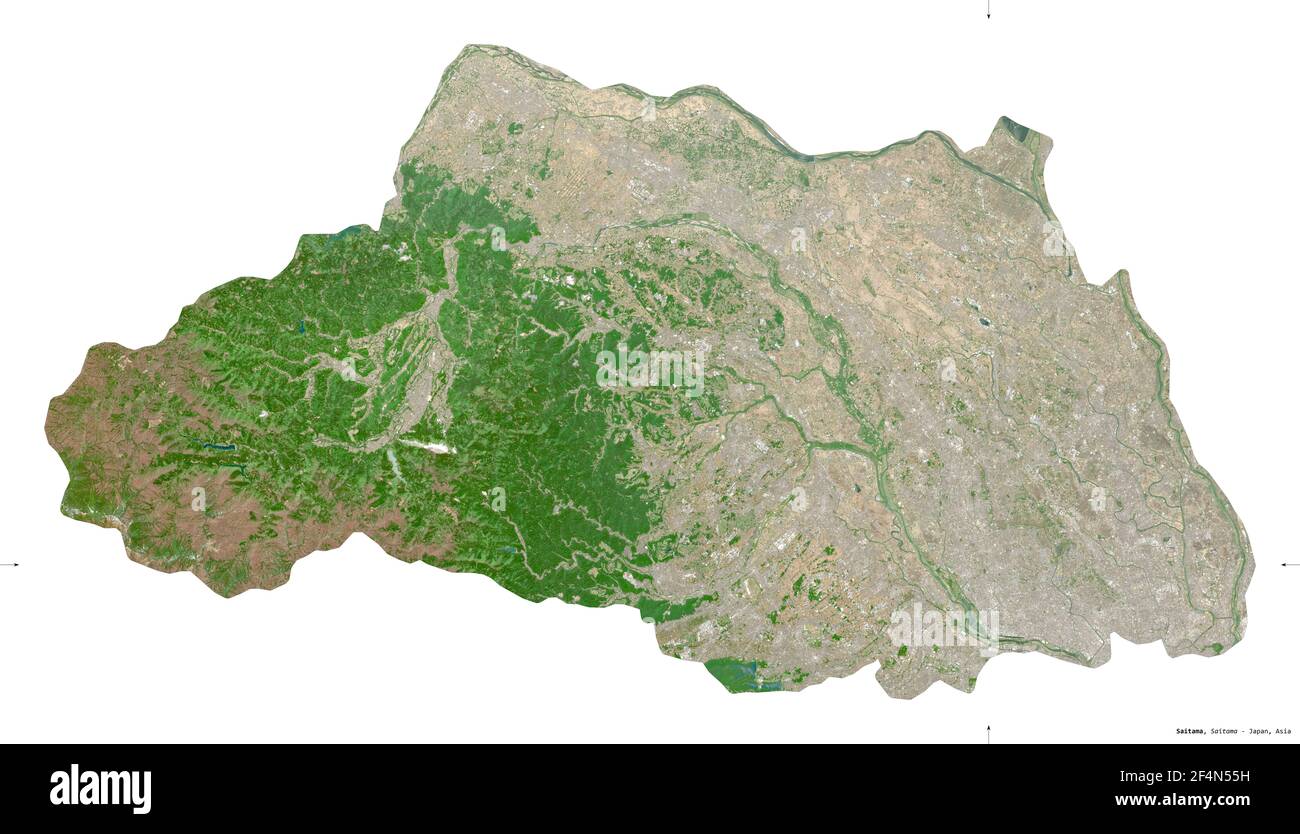 Saitama, prefettura del Giappone. Immagini satellitari Sentinel-2. Forma isolata su bianco. Descrizione, ubicazione della capitale. Contiene Copernicu modificato Foto Stock