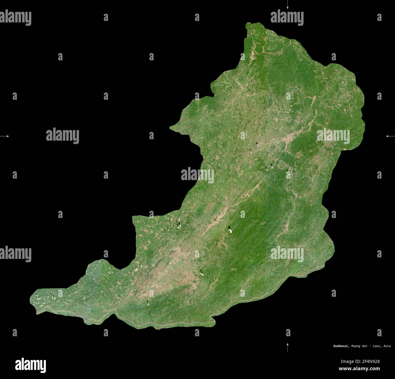 Oudomxai, provincia del Laos. Immagini satellitari Sentinel-2. Forma isolata su nero. Descrizione, ubicazione della capitale. Contiene Copernicus modificato Foto Stock
