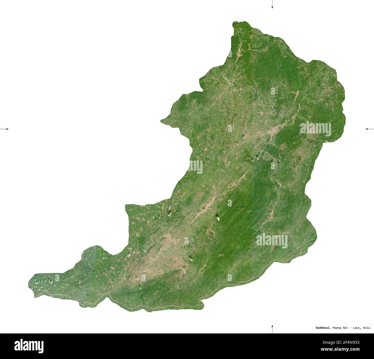 Oudomxai, provincia del Laos. Immagini satellitari Sentinel-2. Forma isolata su solido bianco. Descrizione, ubicazione della capitale. Contiene la copiatrice modificata Foto Stock