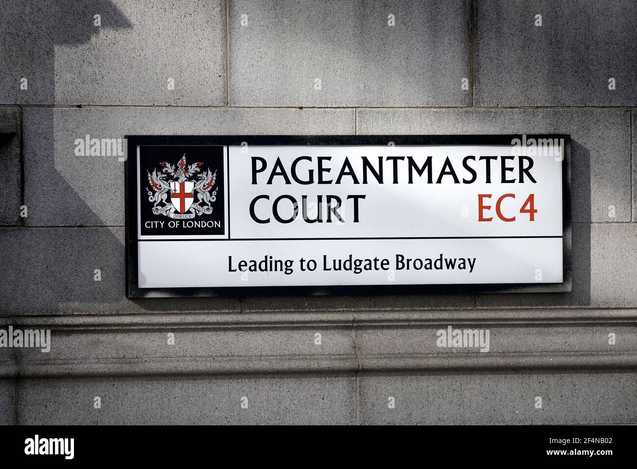 Londra, Inghilterra, Regno Unito. Cartello City of London Street: Pageanmaster Court EC4 Foto Stock