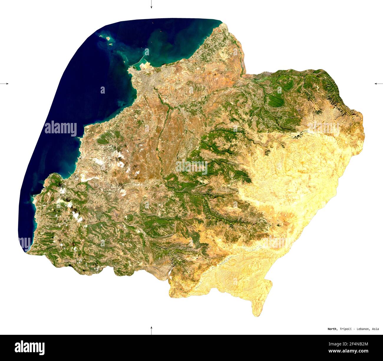 Nord, governatorato del Libano. Immagini satellitari Sentinel-2. Forma isolata su bianco. Descrizione, ubicazione della capitale. Contiene Copernic modificato Foto Stock