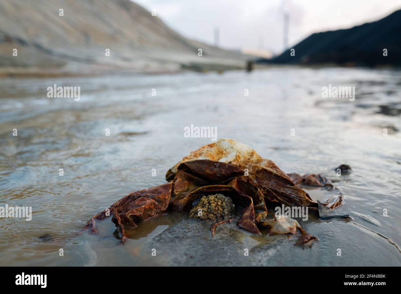 Parte della strada sporca con i rifiuti in grande puddle o. fiume inquinato circondato da colline e fabbriche industriali che esauriscono tossico fumi in aree pericolose Foto Stock