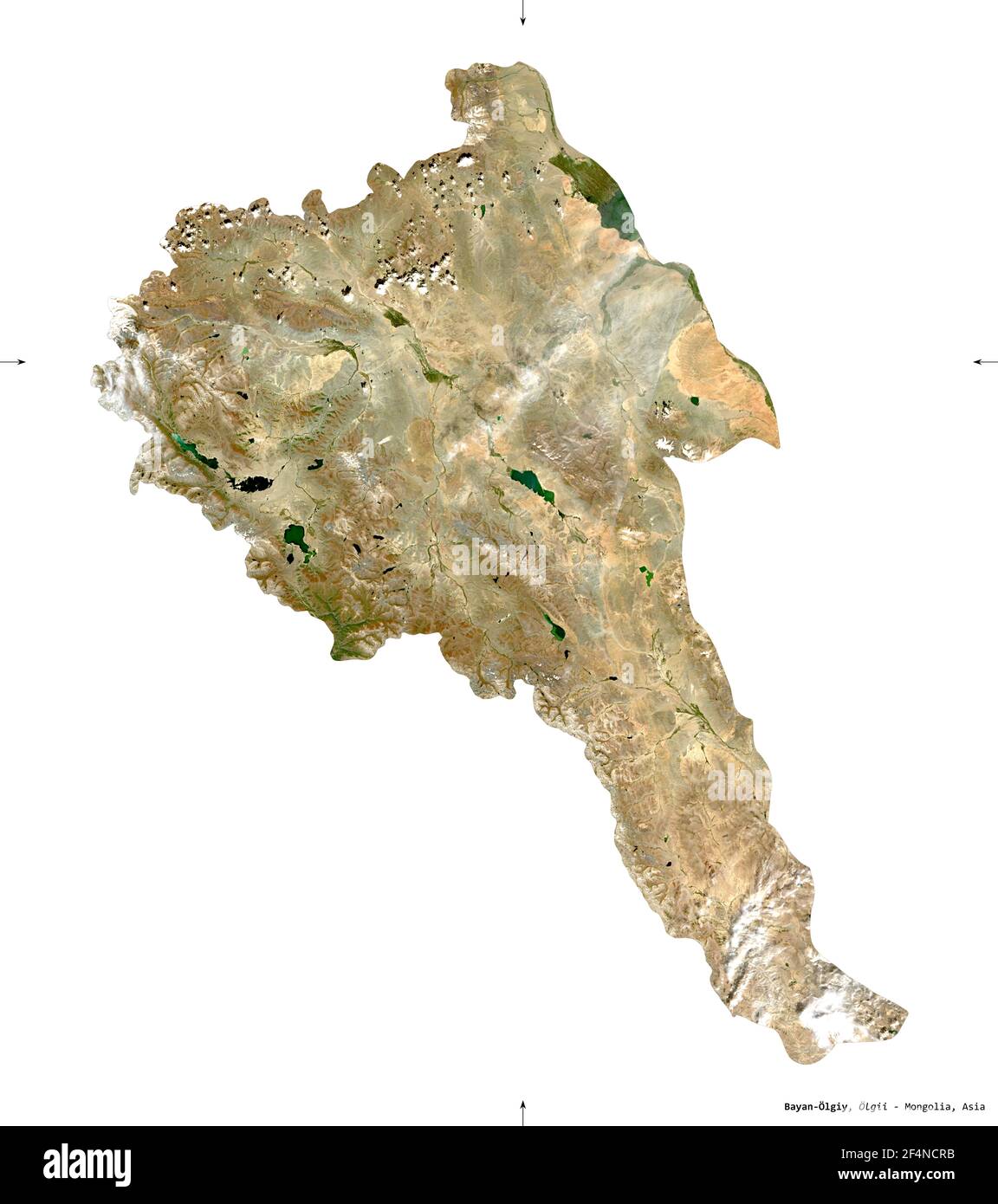 Bayan-Olgiy, provincia della Mongolia. Immagini satellitari Sentinel-2. Forma isolata su solido bianco. Descrizione, ubicazione della capitale. Contiene modifiche Foto Stock