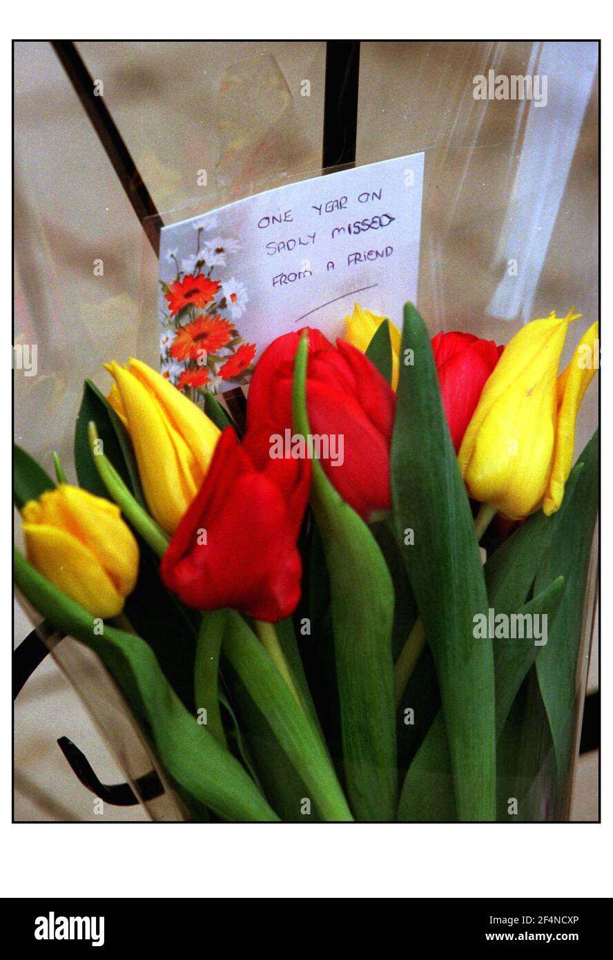 I fiori partirono alla porta della casa di Jill Dandos a Fulham, un anno 26/4/00 da quando fu assassinata. Foto Stock
