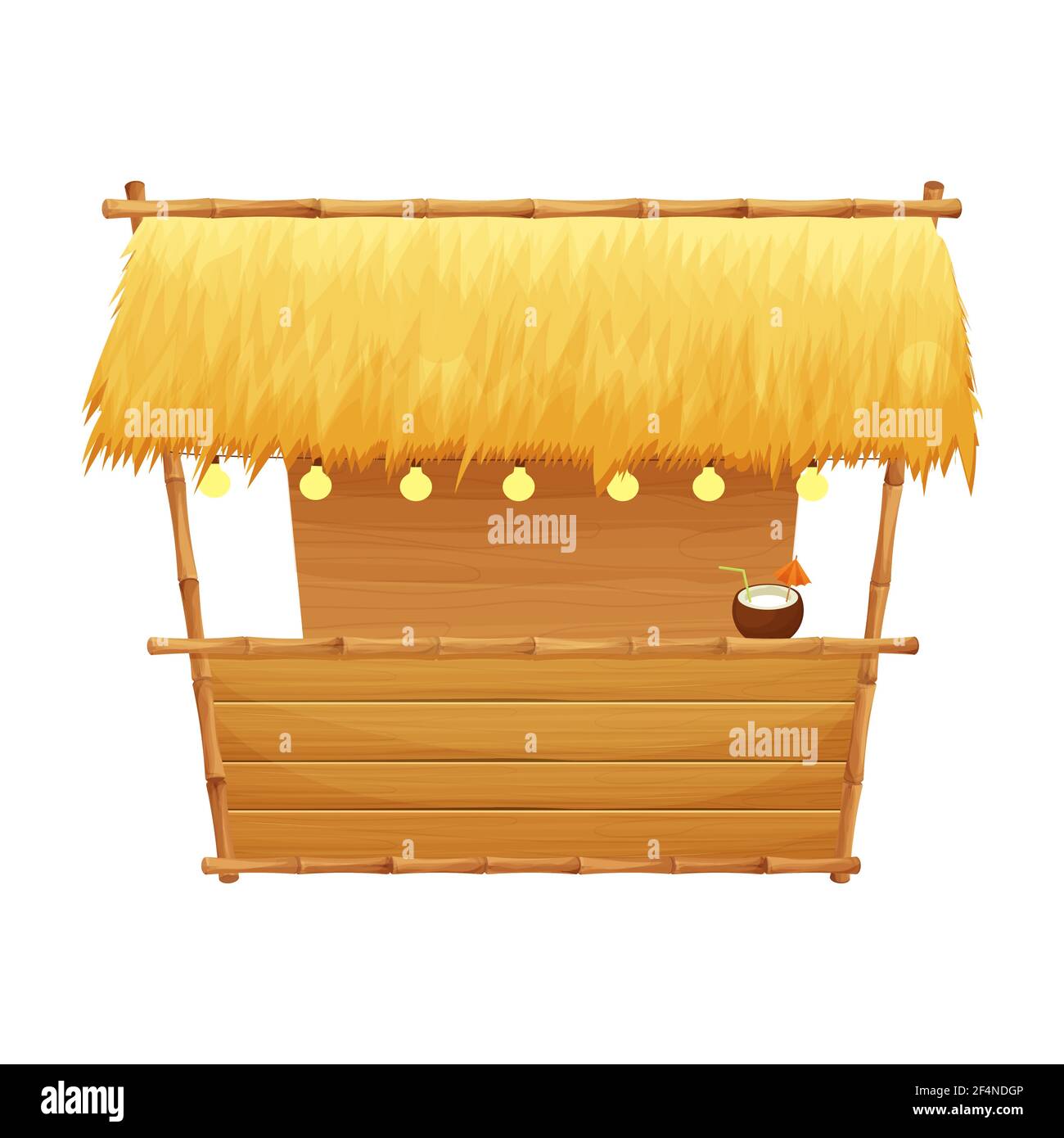 Summer Beach bar tiki in stile cartone animato isolato su sfondo bianco stock illustrazione vettoriale. Edificio semplice e retrò con dettagli in bambù e legno. Illustrazione Vettoriale