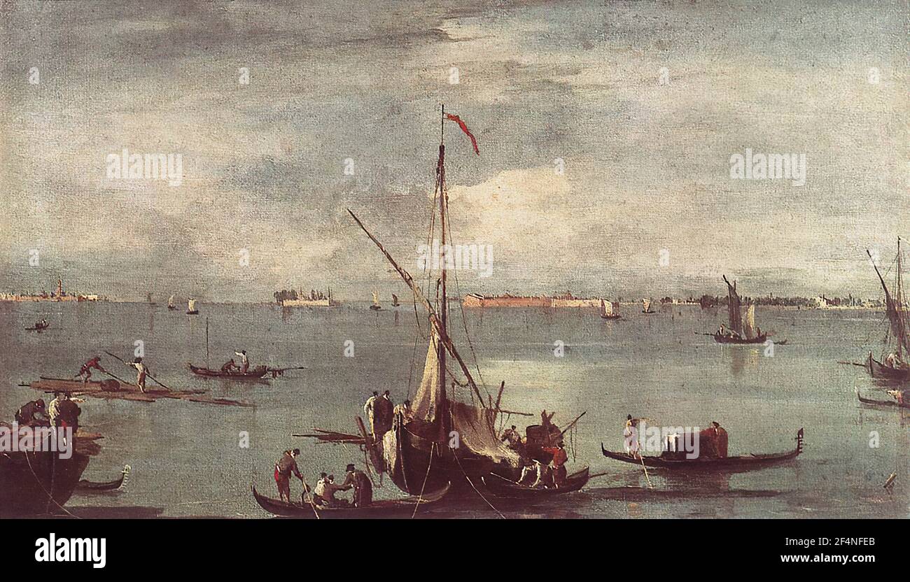 Francesco Guardi- Laguna con Barche gondole Rafts 1758 Foto Stock