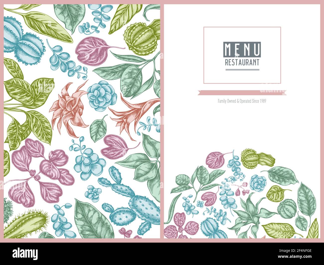 Menu cover disegno floreale con pastello ficus, iresine, kalanchoe, calatea, guzmania, cactus Illustrazione Vettoriale