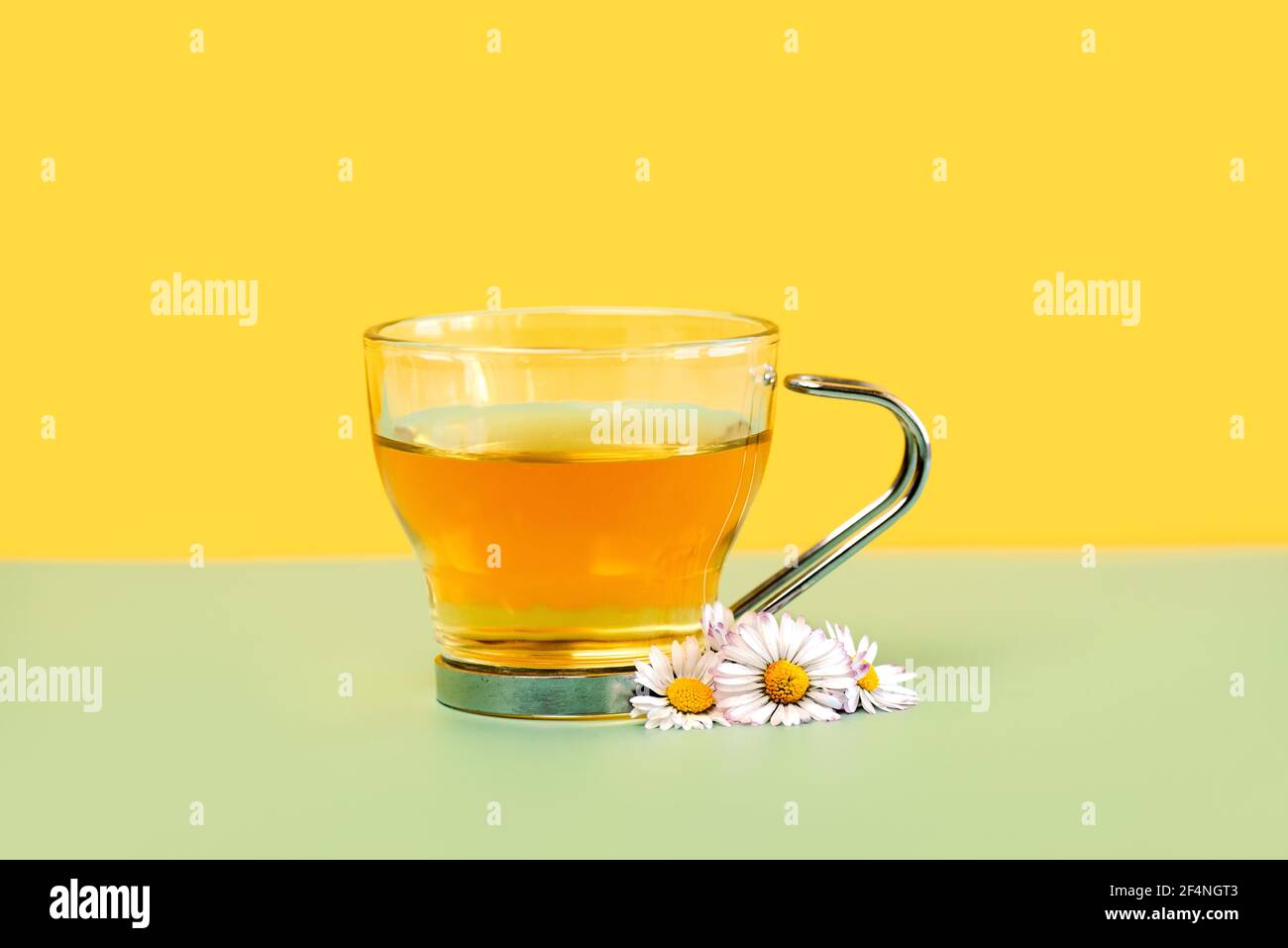 Tazza di tè camomilla e fiori camomilla su un verde tabella su sfondo giallo Foto Stock