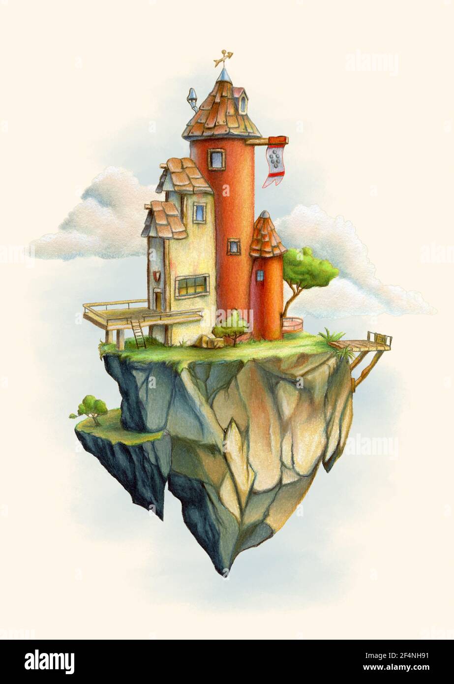 Fantasy torre in piedi su una roccia che galleggia nel cielo. Illustrazione dell'inchiostro e della matita colorata sulla carta. Foto Stock