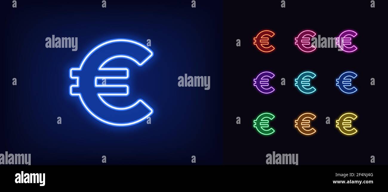 Icona euro neon. Simbolo dell'euro al neon brillante, simbolo del denaro di contorno con colori vivaci. Online banking e investimenti, cambio valuta. Set di icone, segno, silhou Illustrazione Vettoriale
