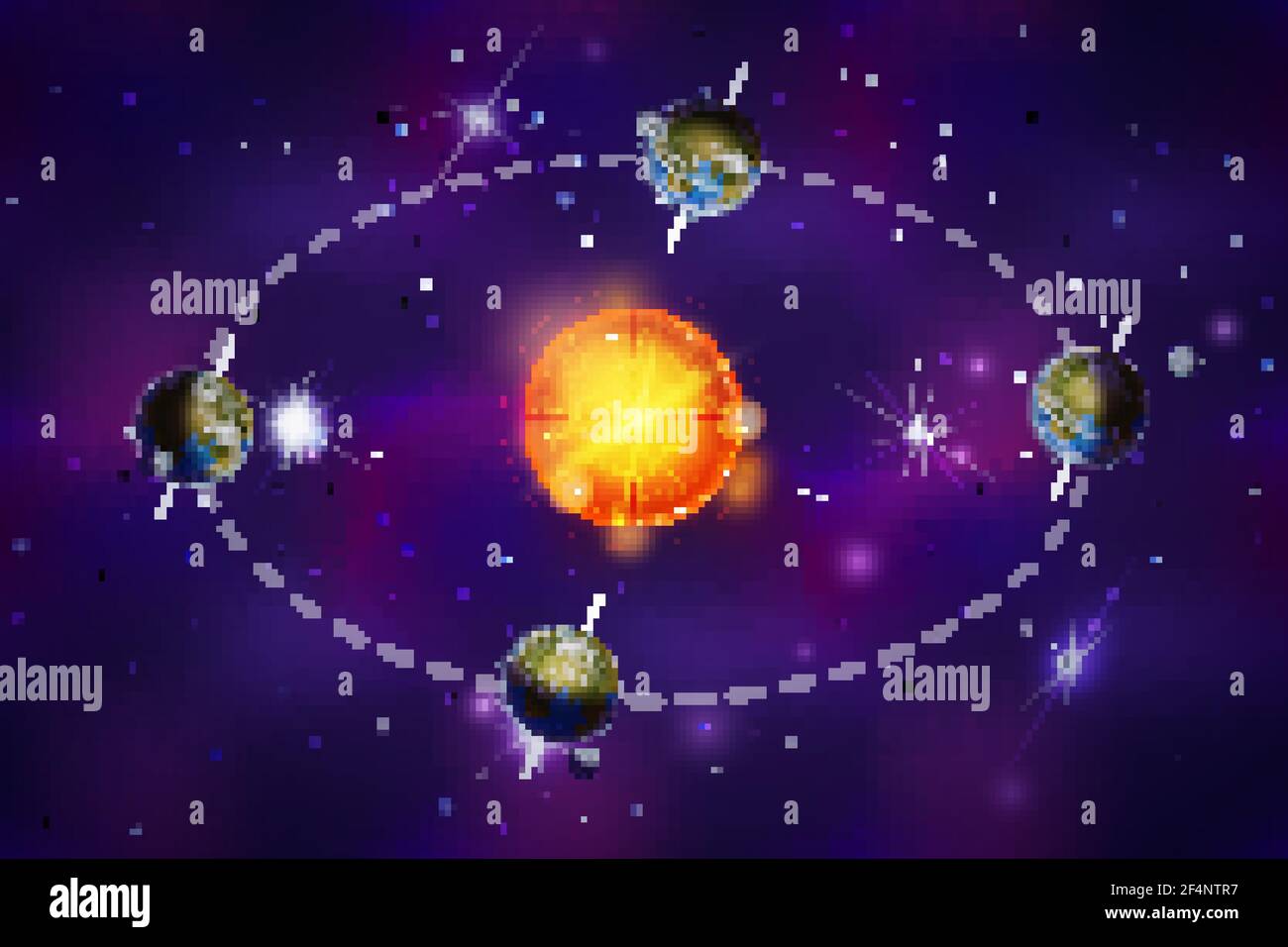 Diagramma luminoso e colorato delle stagioni della Terra, equinozi autunnali e vernali, concetto di solstizi invernali ed estivi sullo spazio profondo Illustrazione Vettoriale