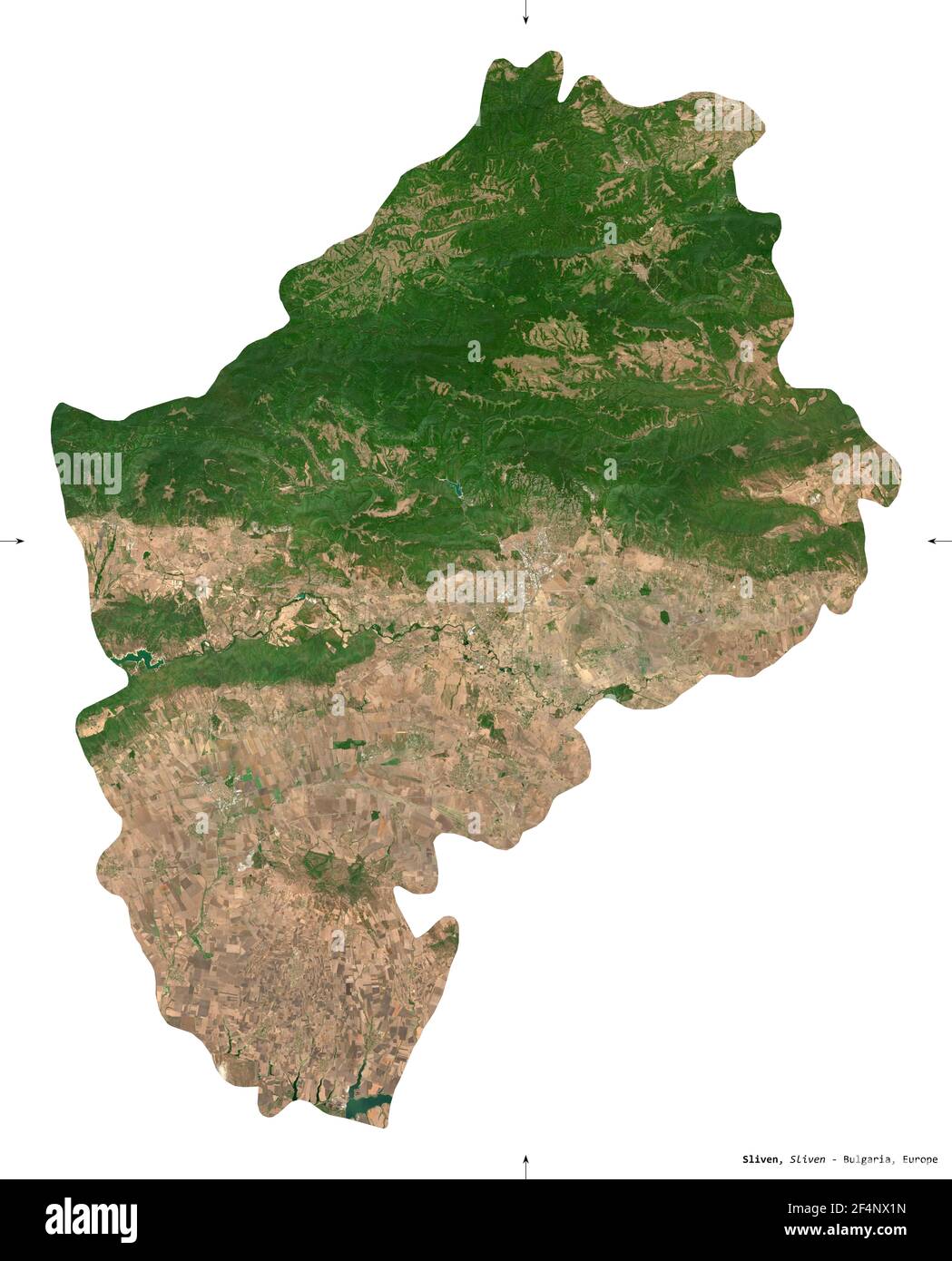 Sliven, provincia di Bulgaria. Immagini satellitari Sentinel-2. Forma isolata su bianco. Descrizione, ubicazione della capitale. Contiene Copernicu modificato Foto Stock