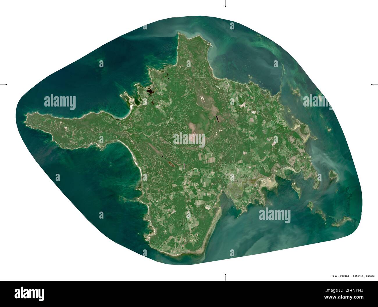 Hiiu, contea di Estonia. Immagini satellitari Sentinel-2. Forma isolata su bianco. Descrizione, ubicazione della capitale. Contiene Copernicus Sen modificato Foto Stock