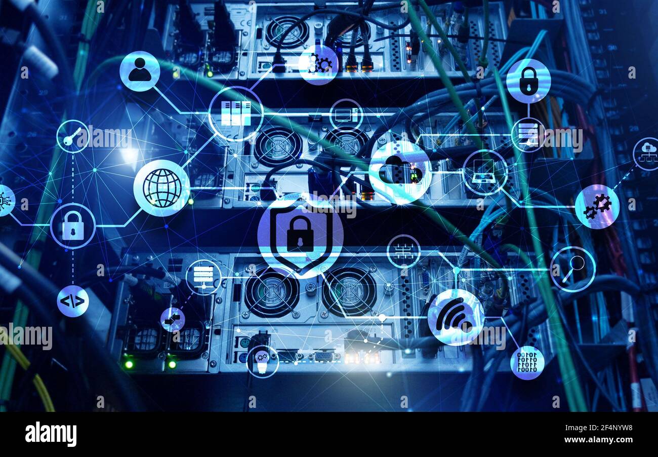 Concetto di sicurezza dei dati. Icone: Lucchetto chiuso, WiFi e cloud su sfondo digitale. Foto Stock