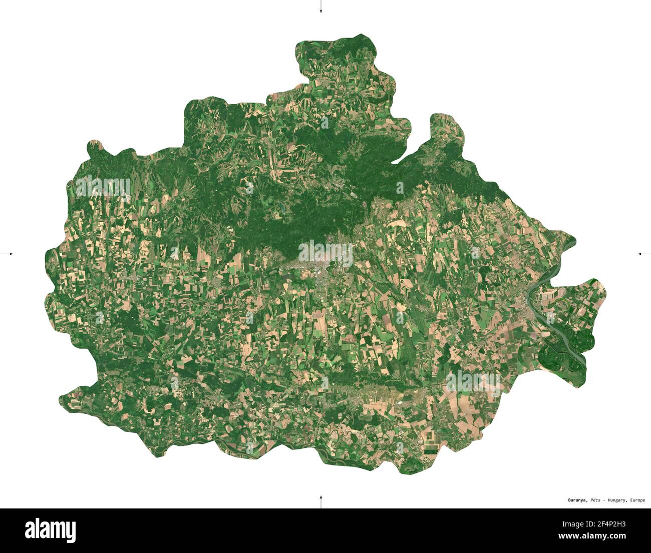Baranya, contea di Ungheria. Immagini satellitari Sentinel-2. Forma isolata su bianco. Descrizione, ubicazione della capitale. Contiene Copernicus modificato Foto Stock