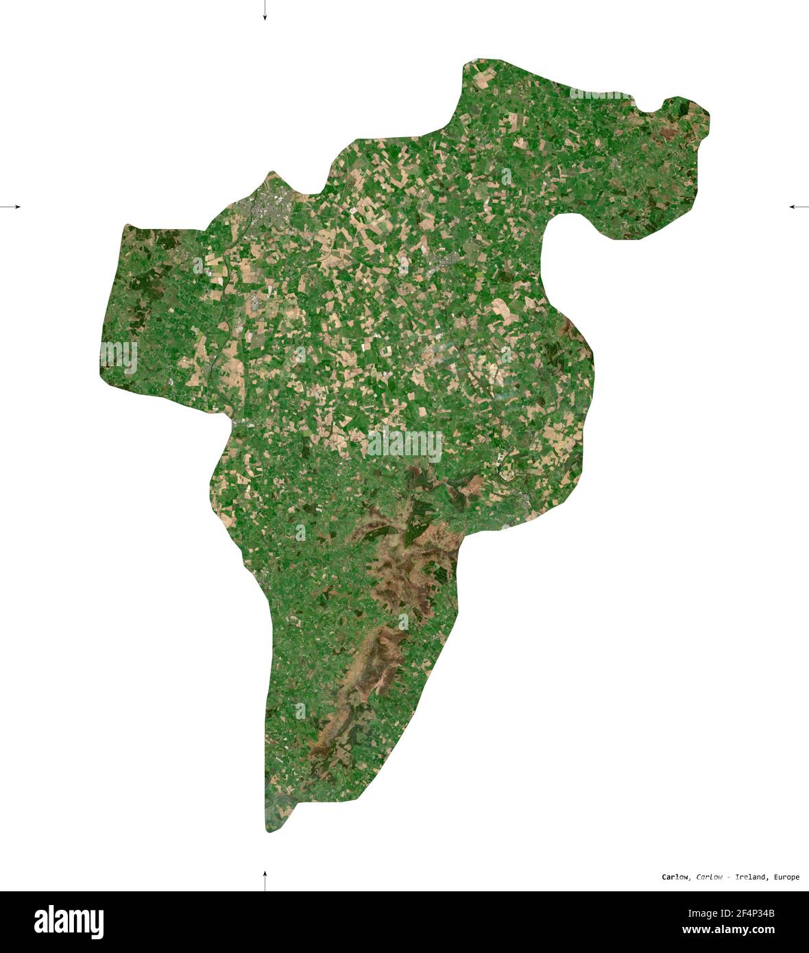 Carlow, contea dell'Irlanda. Immagini satellitari Sentinel-2. Forma isolata su bianco. Descrizione, ubicazione della capitale. Contiene Copernicus S modificato Foto Stock