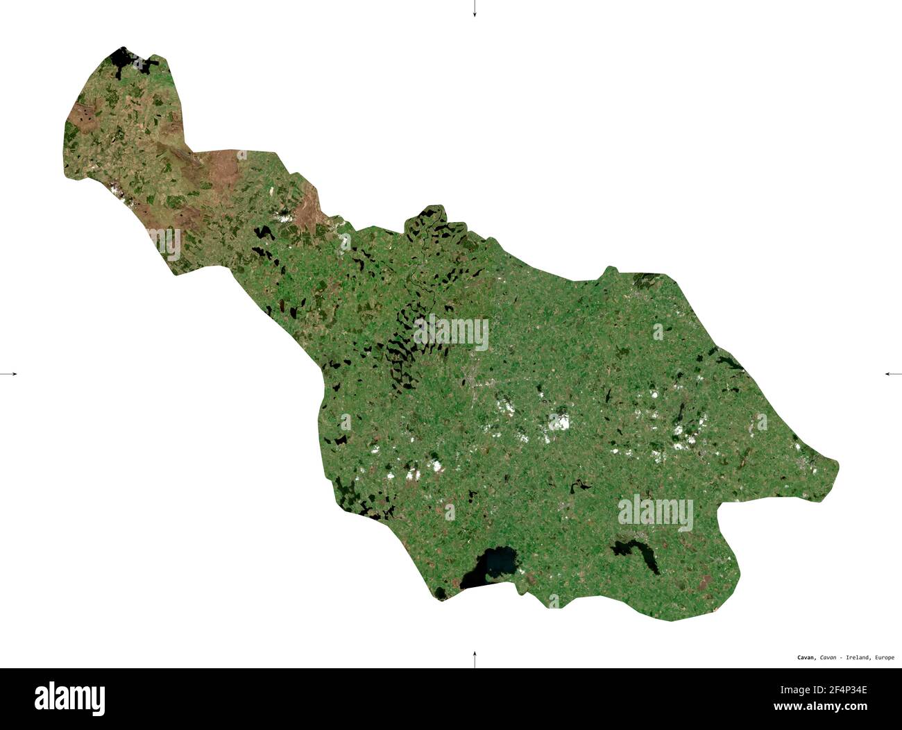 Cavan, contea d'Irlanda. Immagini satellitari Sentinel-2. Forma isolata su bianco. Descrizione, ubicazione della capitale. Contiene Copernicus se modificato Foto Stock