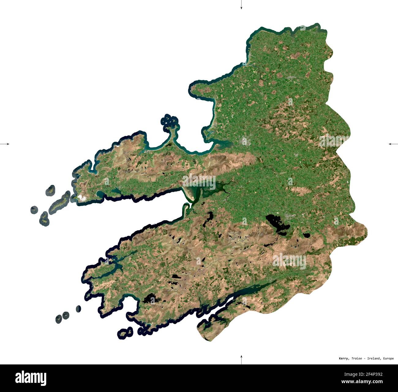Kerry, contea dell'Irlanda. Immagini satellitari Sentinel-2. Forma isolata su bianco. Descrizione, ubicazione della capitale. Contiene Copernicus se modificato Foto Stock