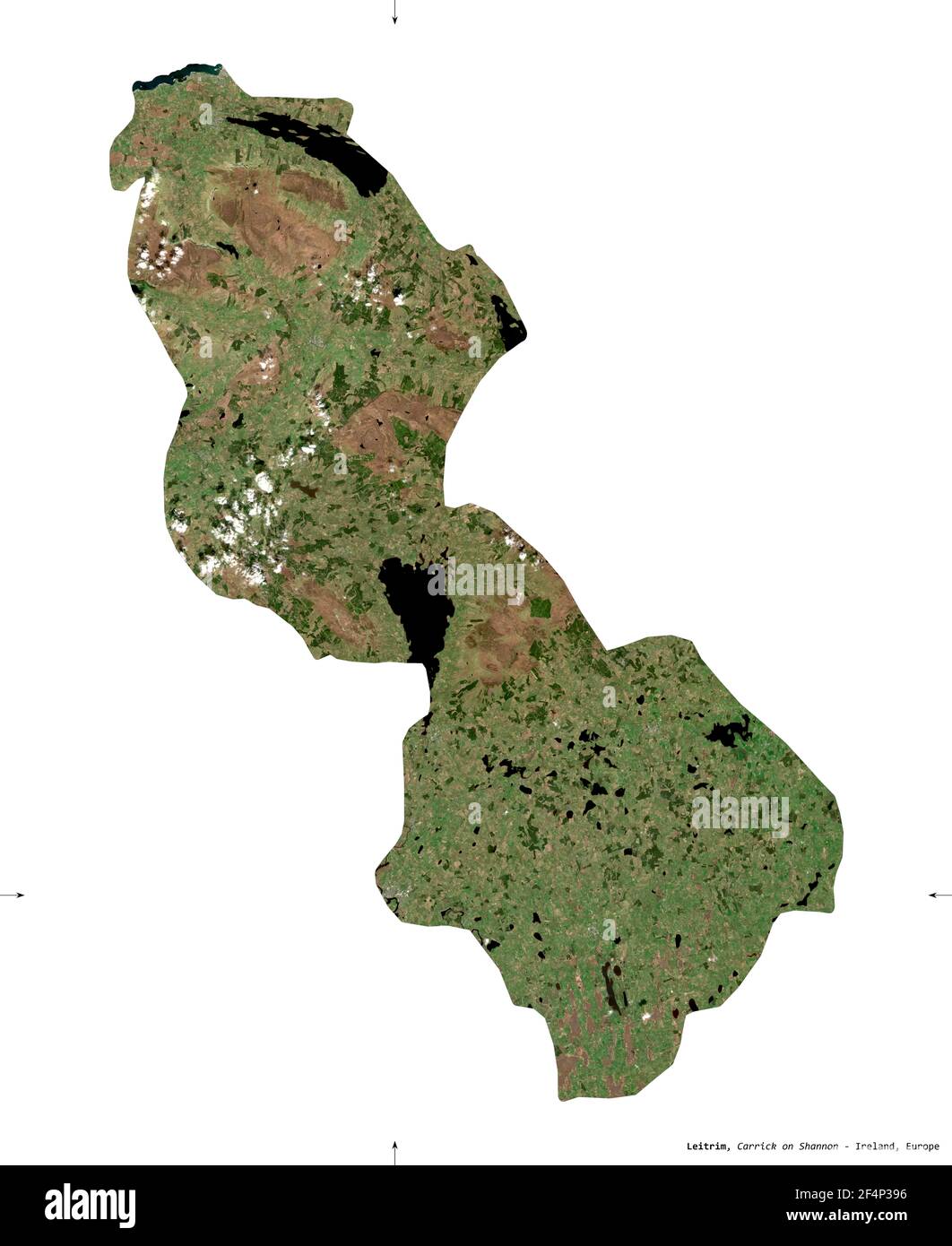Leitrim, contea d'Irlanda. Immagini satellitari Sentinel-2. Forma isolata su bianco. Descrizione, ubicazione della capitale. Contiene Copernicus modificato Foto Stock