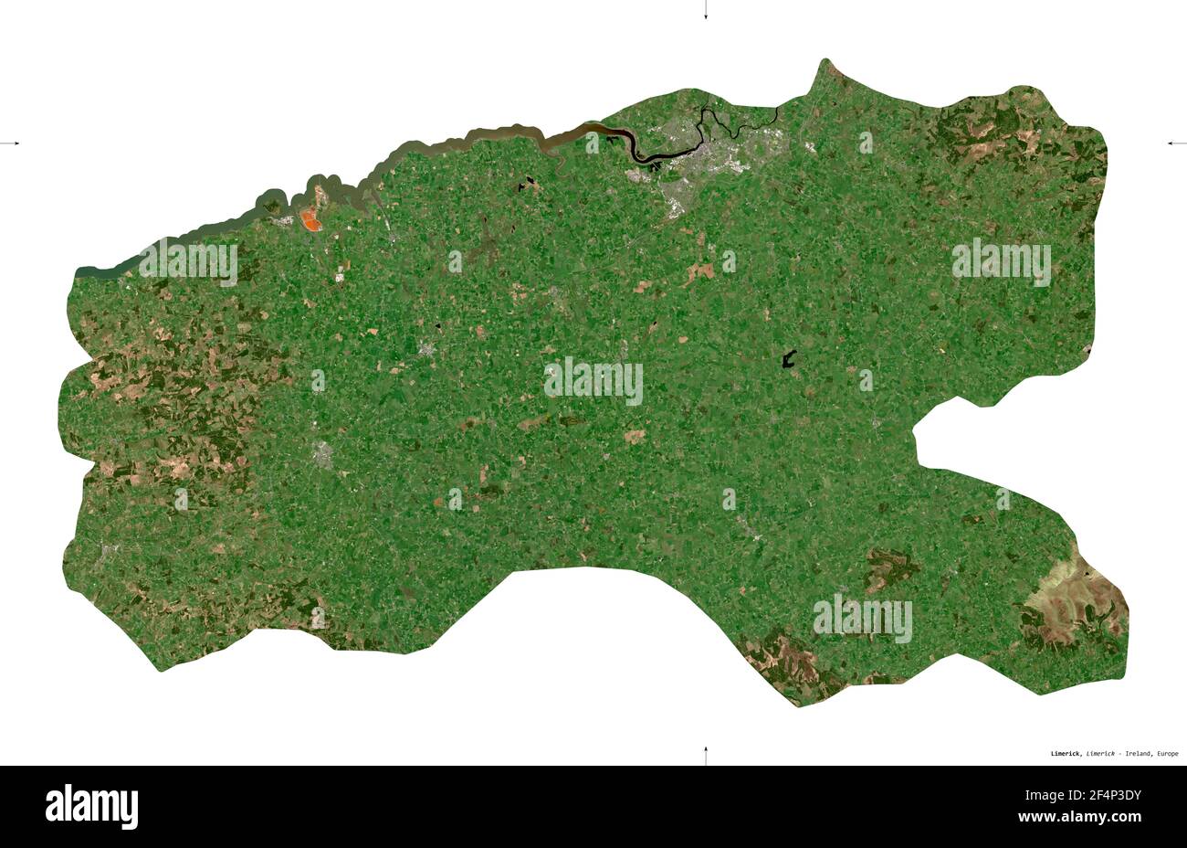 Limerick, contea dell'Irlanda. Immagini satellitari Sentinel-2. Forma isolata su bianco. Descrizione, ubicazione della capitale. Contiene Copernicus modificato Foto Stock