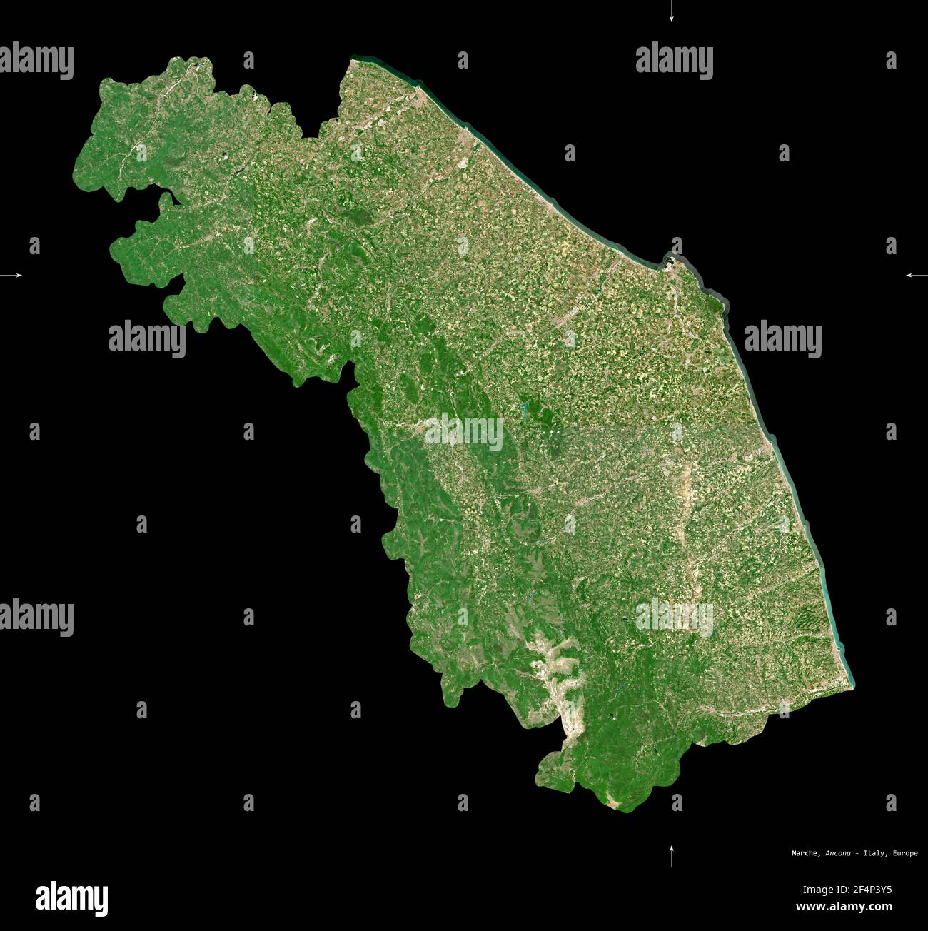 Marche, regione Italia. Immagini satellitari Sentinel-2. Forma isolata su nero. Descrizione, ubicazione della capitale. Contiene Copernicus Sen modificato Foto Stock