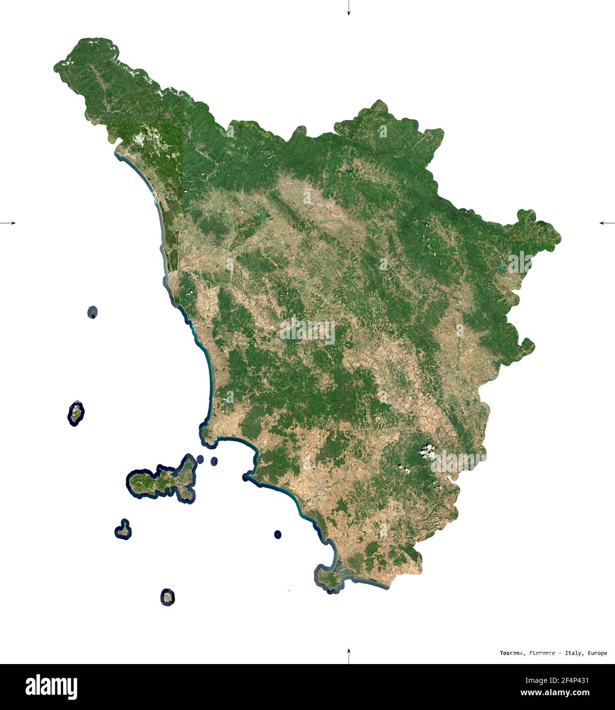 Toscana, regione d'Italia. Immagini satellitari Sentinel-2. Forma isolata  su bianco. Descrizione, ubicazione della capitale. Contiene Copernicus se  modificato Foto stock - Alamy