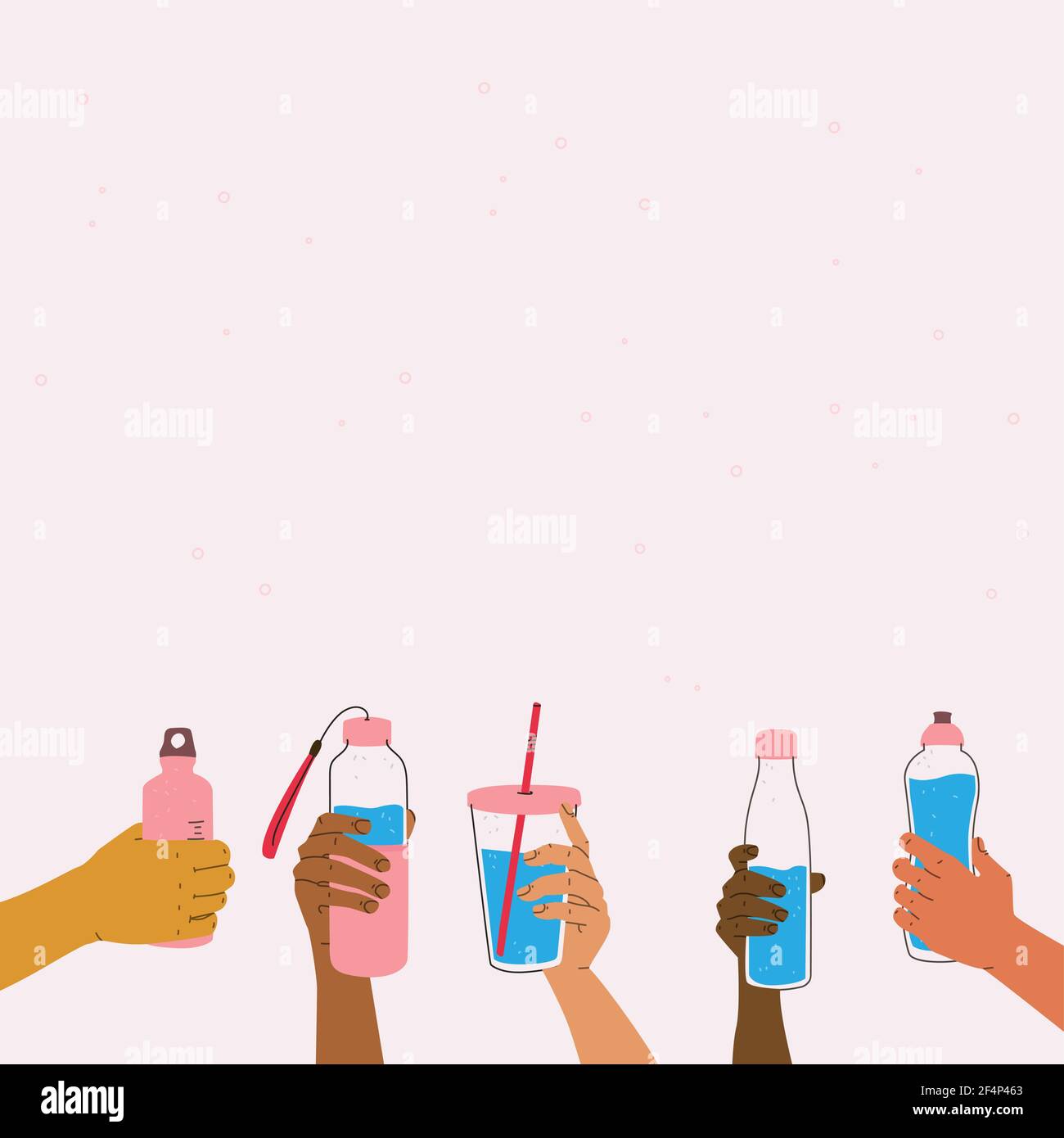 Porta con te le bevande. Consumo giornaliero obbligatorio di acqua pulita. Salute, nutrizione e stile di vita sano delle donne. Illustrazione delle mani con acqua Illustrazione Vettoriale