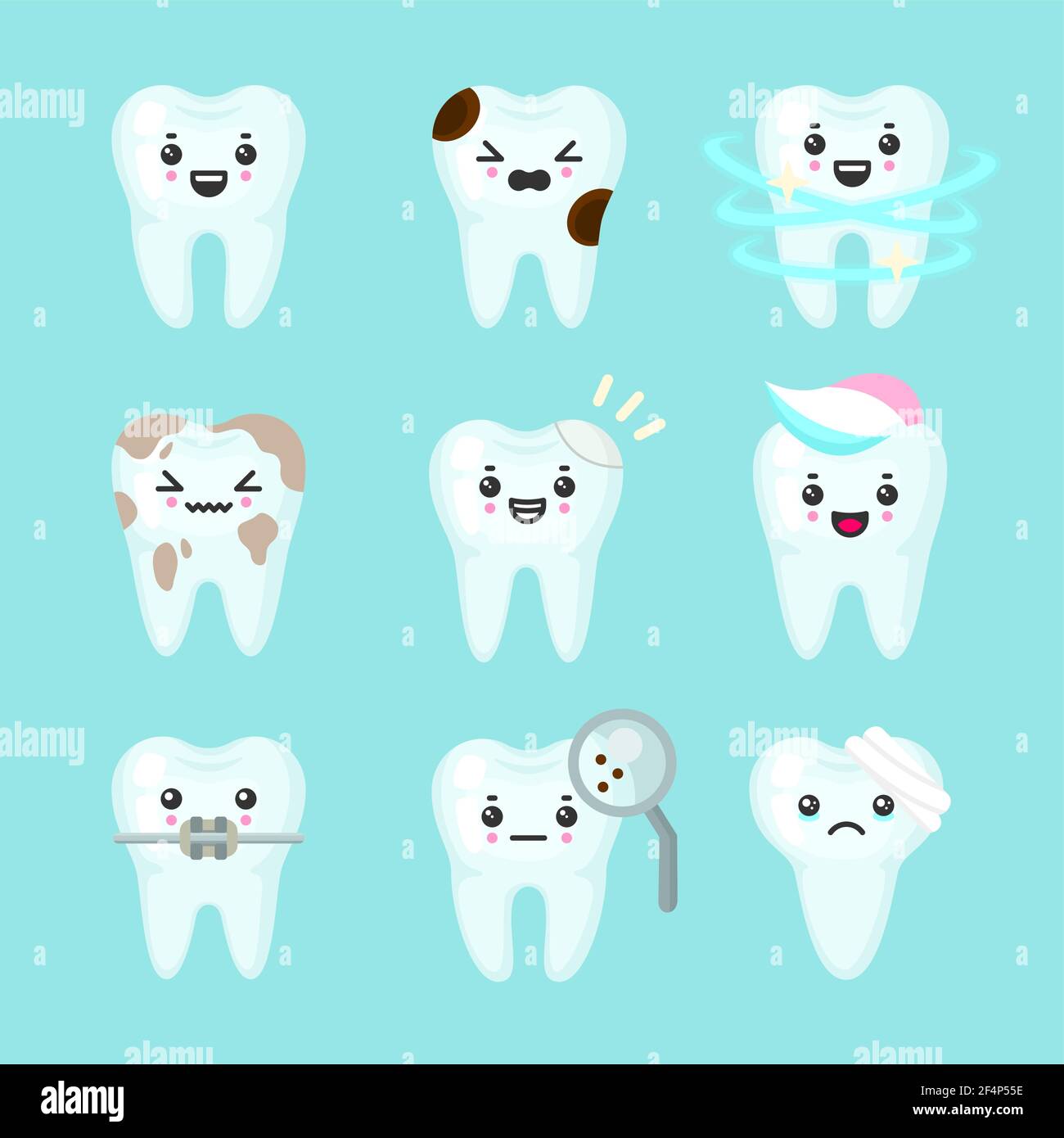 Carino denti colorati vettore insieme con diverse emozioni. Diverse condizioni dei denti Illustrazione Vettoriale