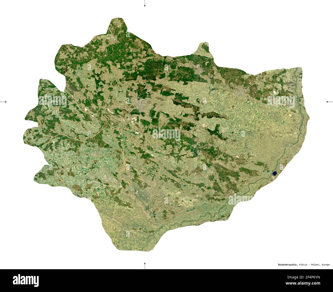 Swietokrzyskie, voivodato|provincia di Polonia. Immagini satellitari Sentinel-2. Forma isolata su bianco. Descrizione, ubicazione della capitale. Contiene Foto Stock