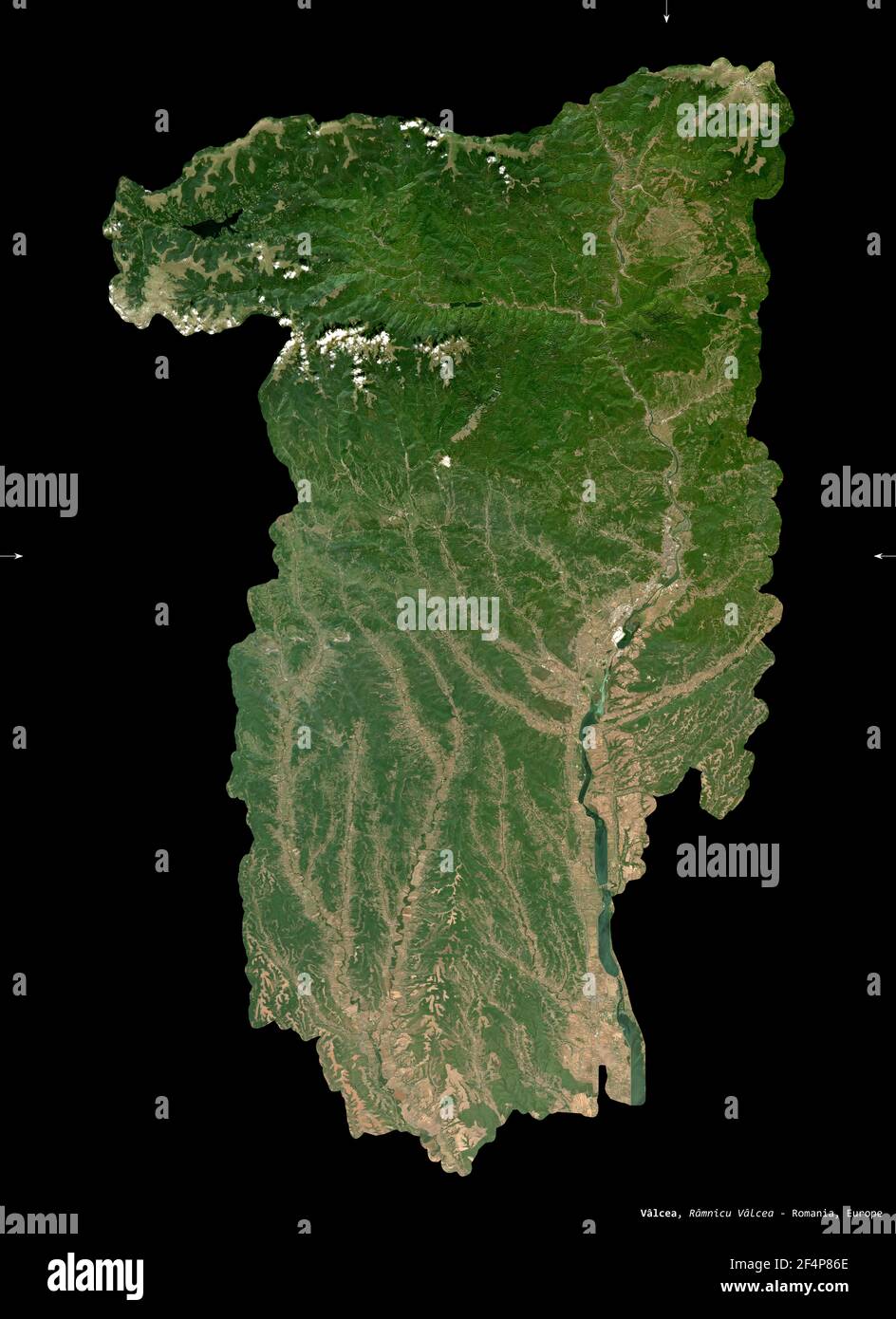 Valcea, contea della Romania. Immagini satellitari Sentinel-2. Forma isolata su nero. Descrizione, ubicazione della capitale. Contiene Copernicus S modificato Foto Stock