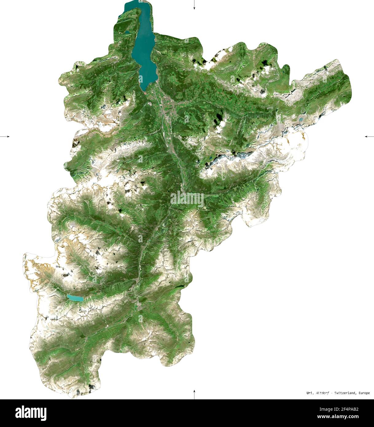 URI, cantone della Svizzera. Immagini satellitari Sentinel-2. Forma isolata su bianco. Descrizione, ubicazione della capitale. Contiene Copernicus modificato Foto Stock