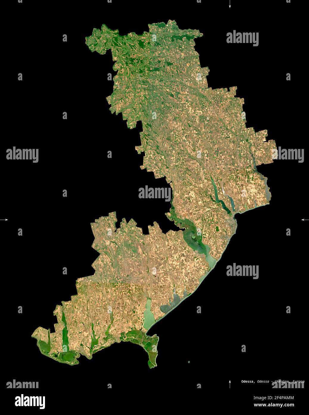 Odessa, regione dell'Ucraina. Immagini satellitari Sentinel-2. Forma isolata su nero. Descrizione, ubicazione della capitale. Contiene Copernicus S modificato Foto Stock