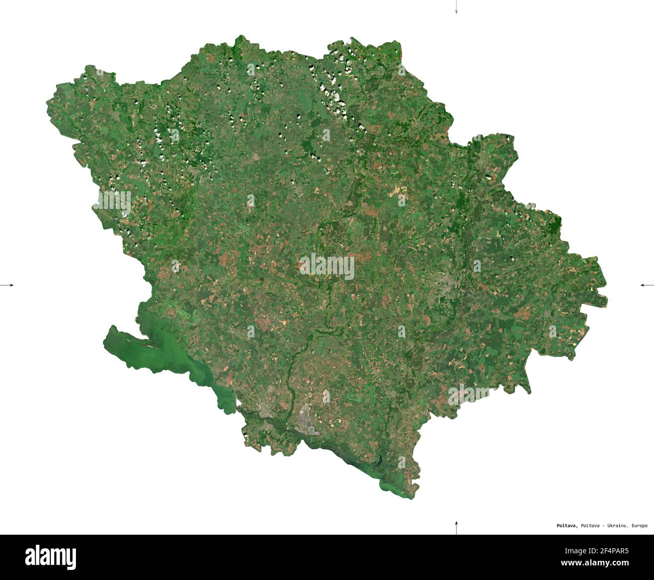 Poltava, regione dell'Ucraina. Immagini satellitari Sentinel-2. Forma isolata su bianco. Descrizione, ubicazione della capitale. Contiene Copernicus modificato Foto Stock