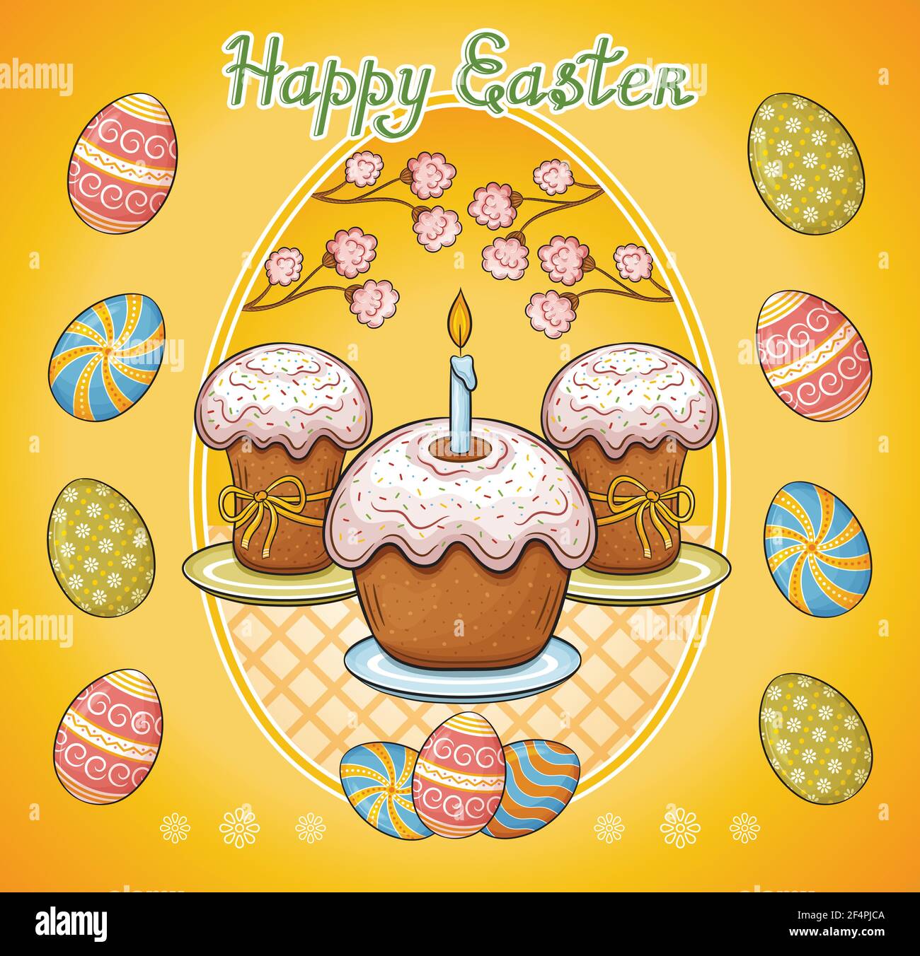 Buona Pasqua. Torte e uova colorate con ornamento. Torta decorata in modo tradizionale. Gusci d'uovo dipinti e kulich cibo. Simbolo delle vacanze primaverili. Biglietto d'auguri Illustrazione Vettoriale