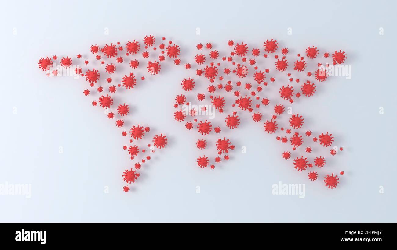 Mappa mondiale focolaio di coronavirus. COVID-19 particelle virali su fondo bianco. Illustrazione pandemic 3d Foto Stock