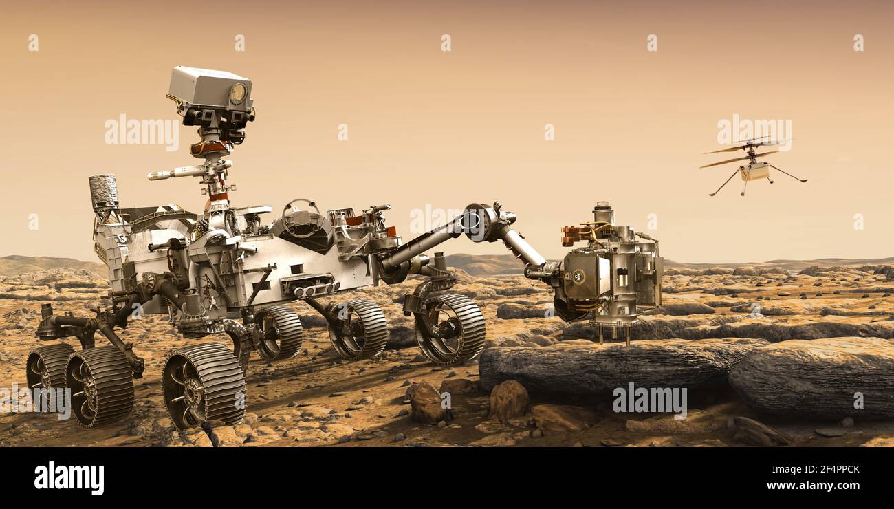 Mars Rover perseveranza e ingegno elicottero drone.Elements di questa immagine Fornito dalla NASA illustrazione 3D Foto Stock