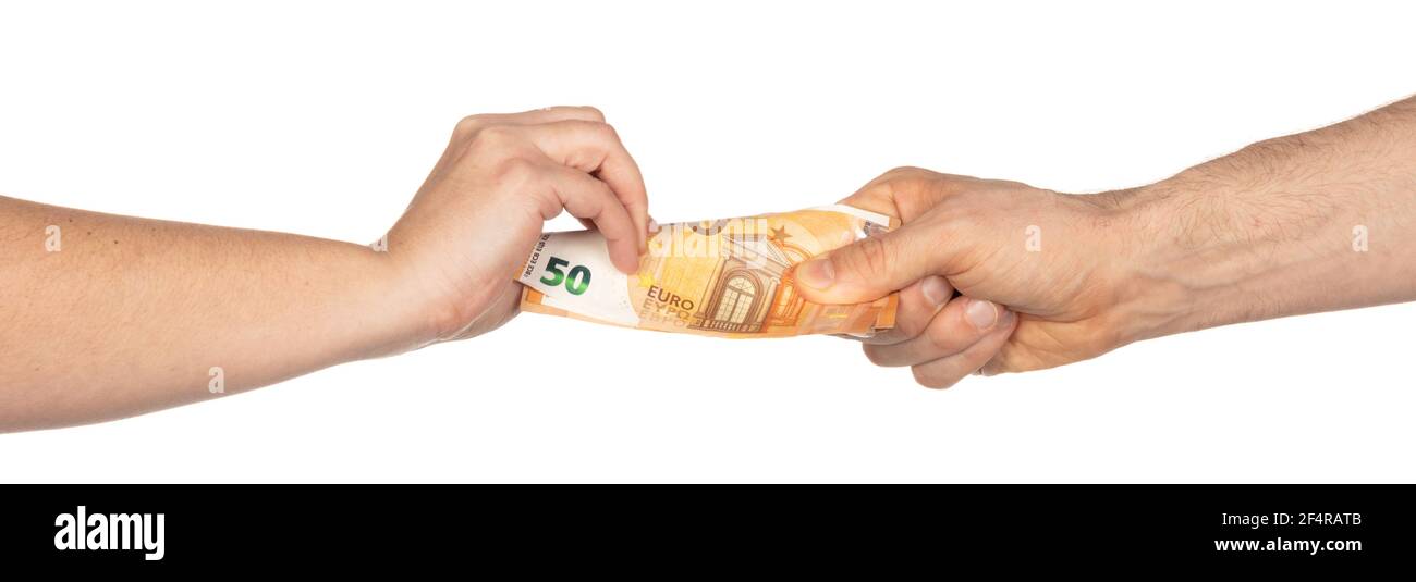 Mano maschile e femminile che dà e riceve euro, isolato su bianco Foto Stock