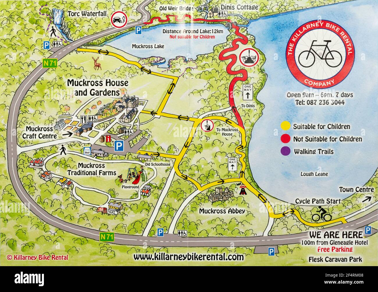 Killarney National Park percorsi ciclabili e sentieri Mappa dettagliata di Killarney Bike Rental a Killarney, nella contea di Kerry, Irlanda Foto Stock