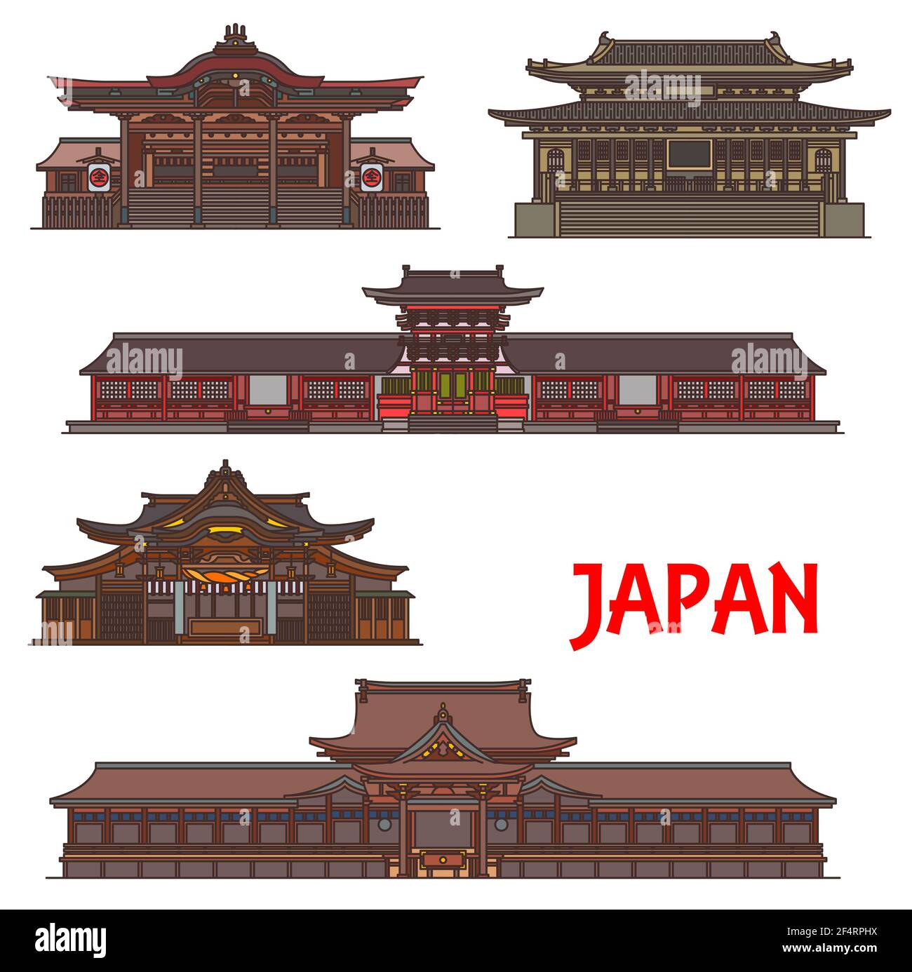 Templi giapponesi, pagode e santuari, Giappone viaggio monumenti architettonici, edifici vettoriali. Tempio Kotohira-GU a Kagawa, Taga-jinja e USA Hachima Illustrazione Vettoriale