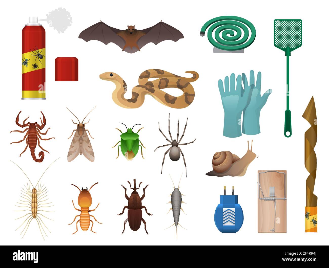 Agricolo, pesti della casa e insetti controllano le icone. Serpente, pipistrello e scorpione, bug pupello, ragno e lumaca, centipede, termite e dolcetto, swatt Illustrazione Vettoriale