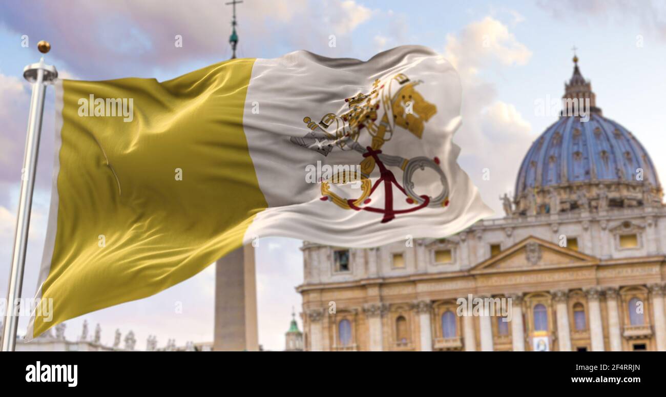 La bandiera della città vaticana si fa balzare nel vento con la basilica di San Pietro offuscata sullo sfondo. Viaggi e turismo. Cattolicesimo e fai Foto Stock