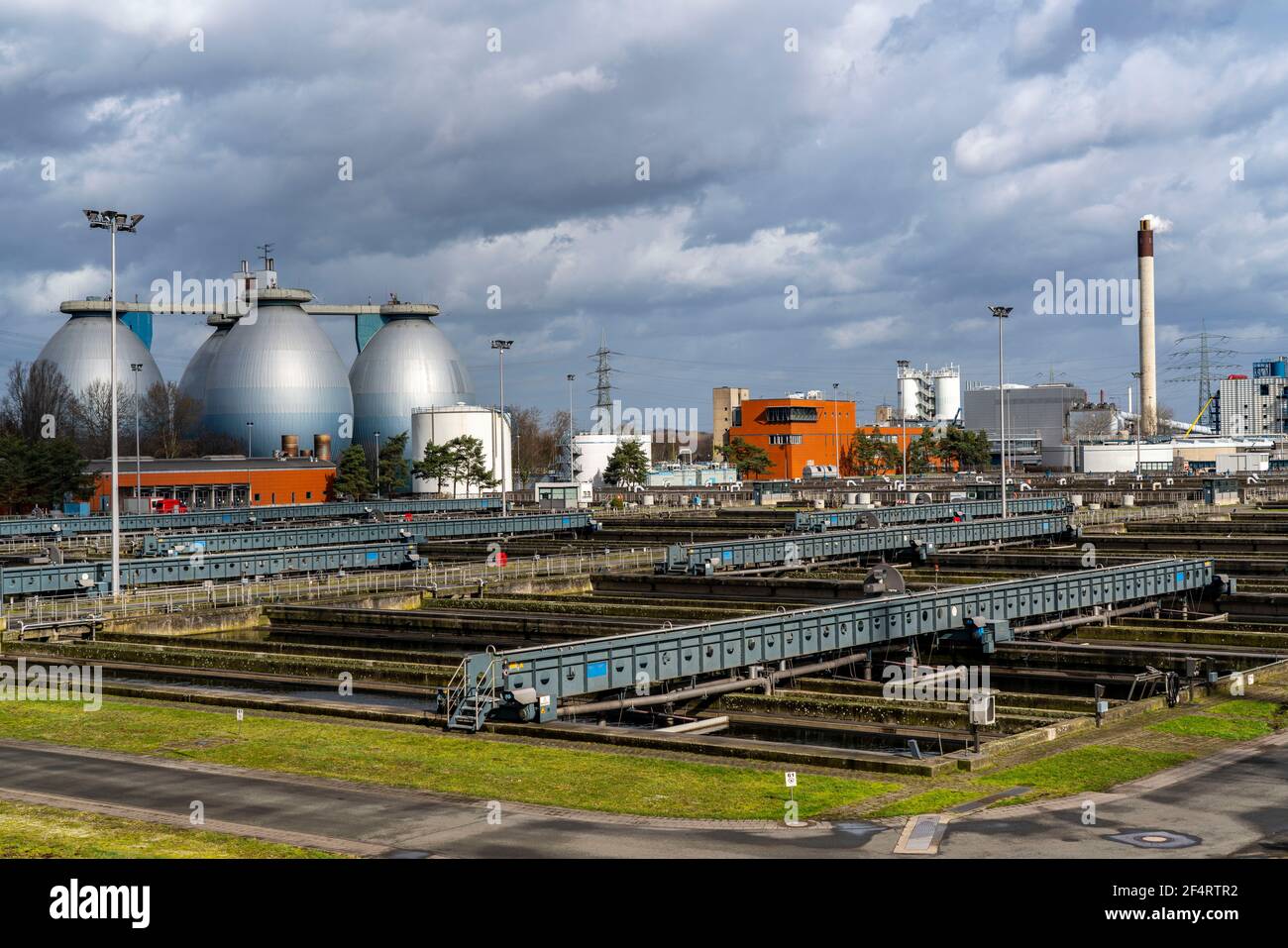 Digestori e chiarificatori secondari, impianto di trattamento delle acque reflue di Emschergenossenschaft a Weilheimer Mark a Bottrop, NRW, Germania Foto Stock