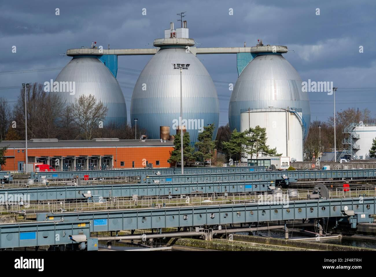 Digestori e chiarificatori secondari, impianto di trattamento delle acque reflue di Emschergenossenschaft a Weilheimer Mark a Bottrop, NRW, Germania Foto Stock