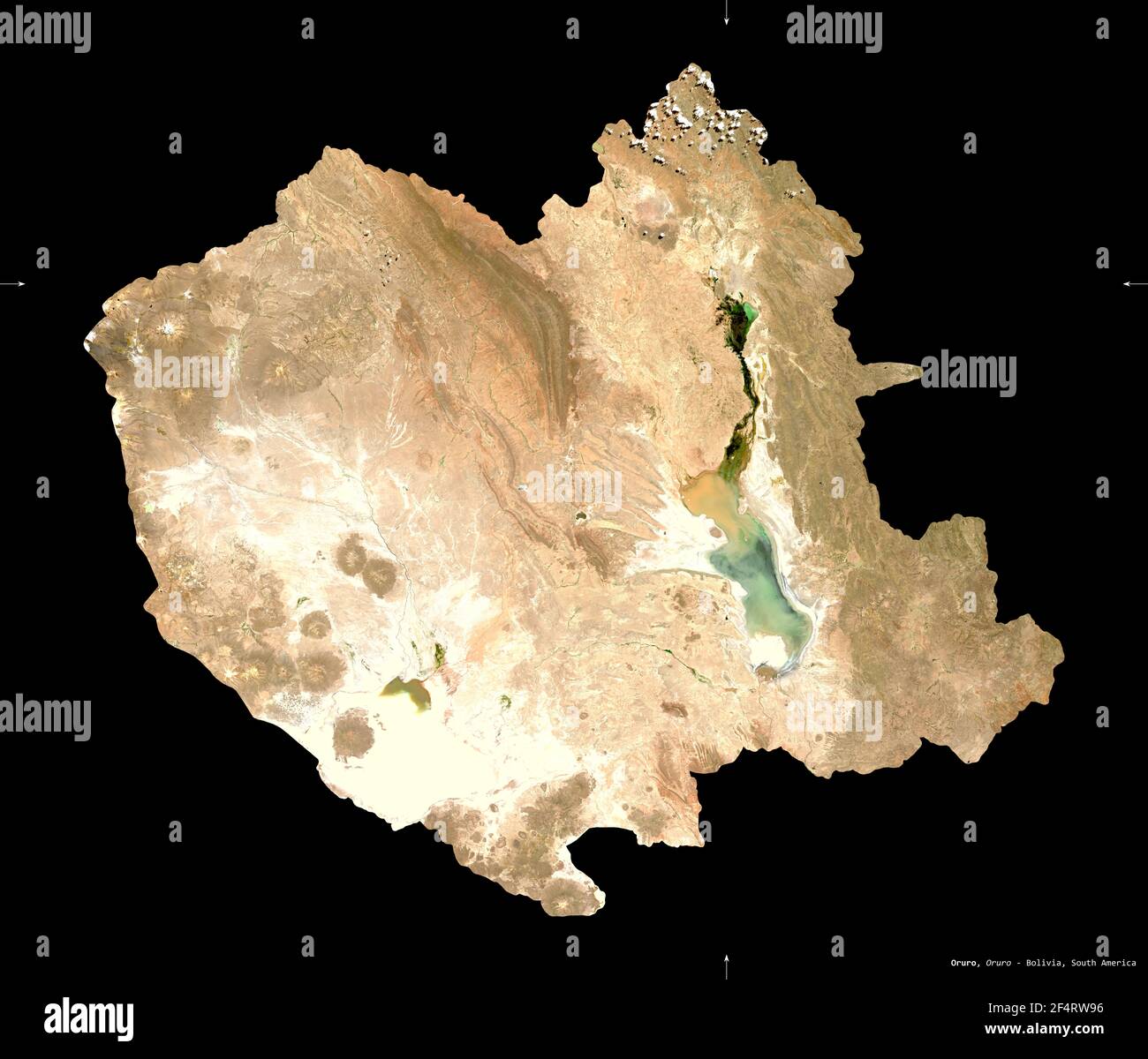 Oruro, dipartimento della Bolivia. Immagini satellitari Sentinel-2. Forma isolata su nero. Descrizione, ubicazione della capitale. Contiene Copernicu modificato Foto Stock