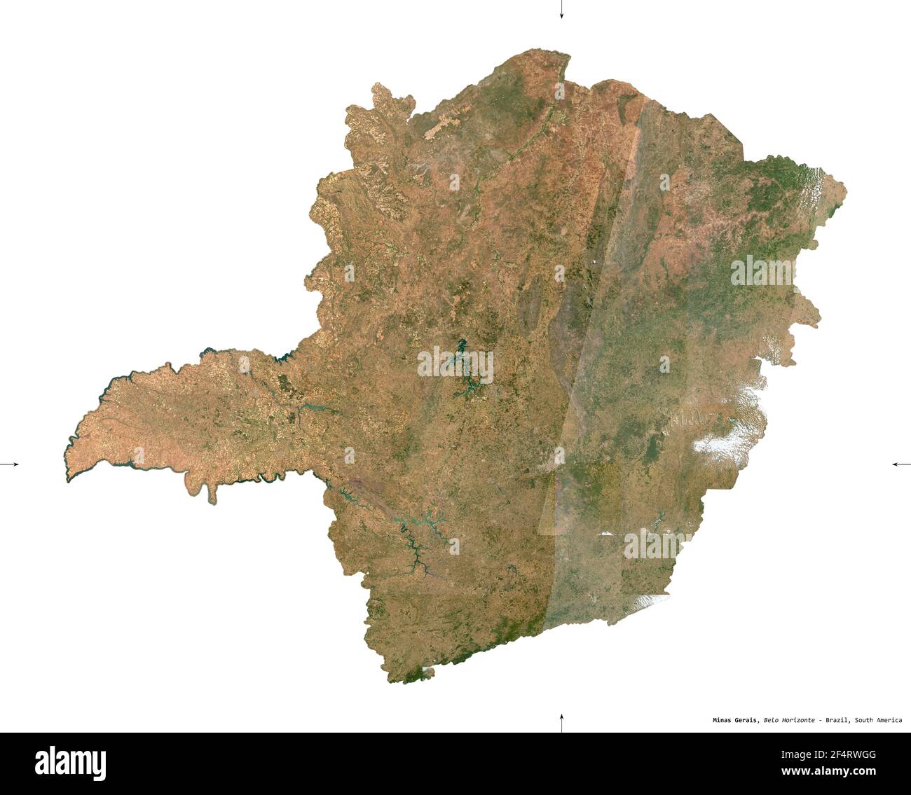 Minas Gerais, stato del Brasile. Immagini satellitari Sentinel-2. Forma isolata su solido bianco. Descrizione, ubicazione della capitale. Contiene Co. Modificato Foto Stock