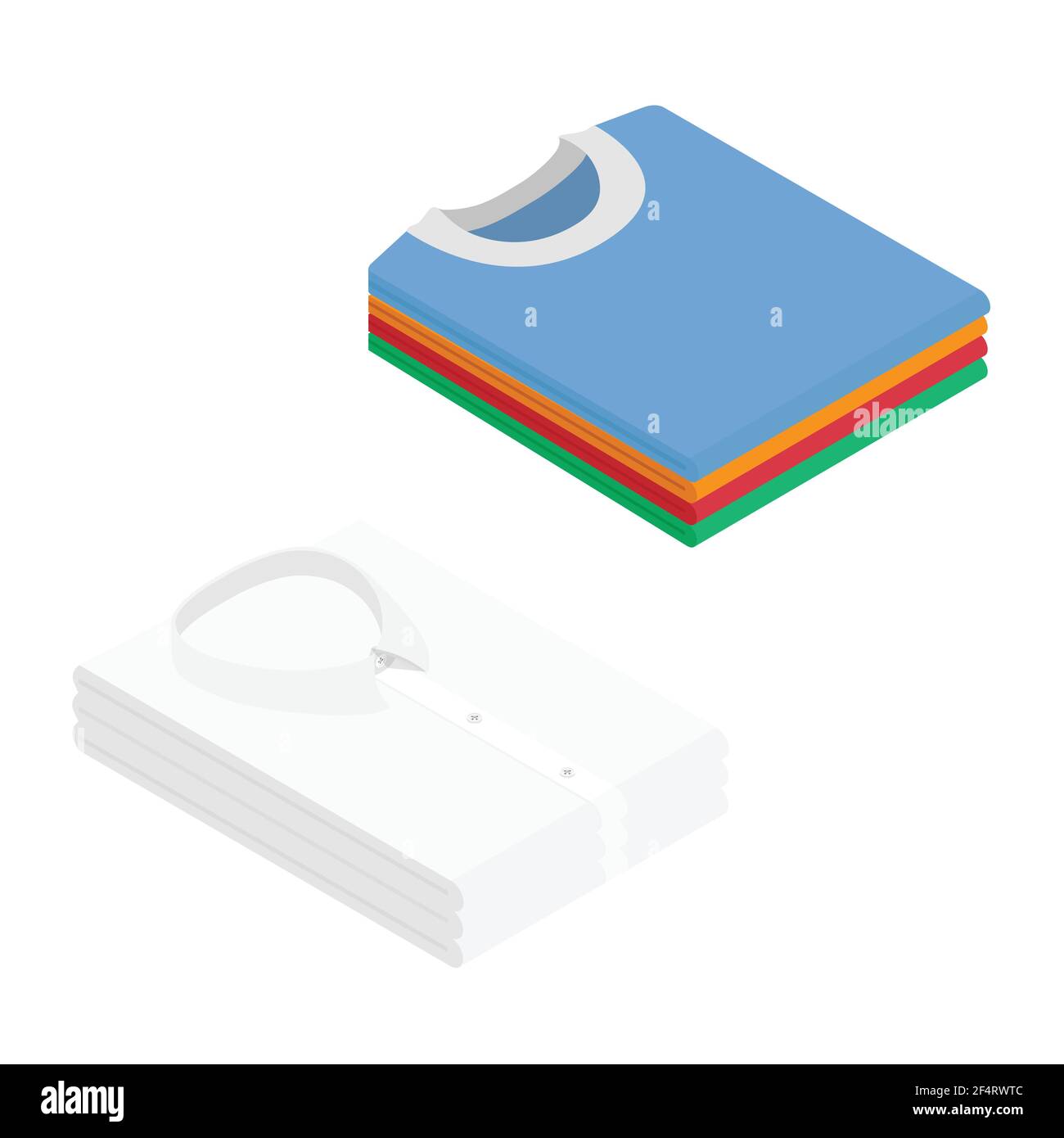Pila di camicie bianche ripiegate e t-shirt colorate isolate su sfondo bianco. Vista isometrica. Vettore Illustrazione Vettoriale