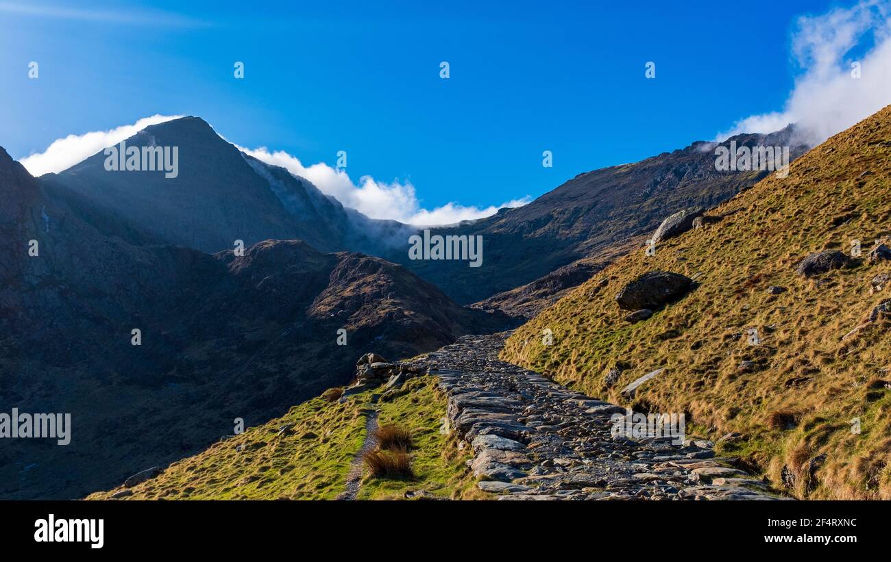 Viste da un trekking alla cima di Snowdon nel Galles del Nord, Regno Unito Foto Stock
