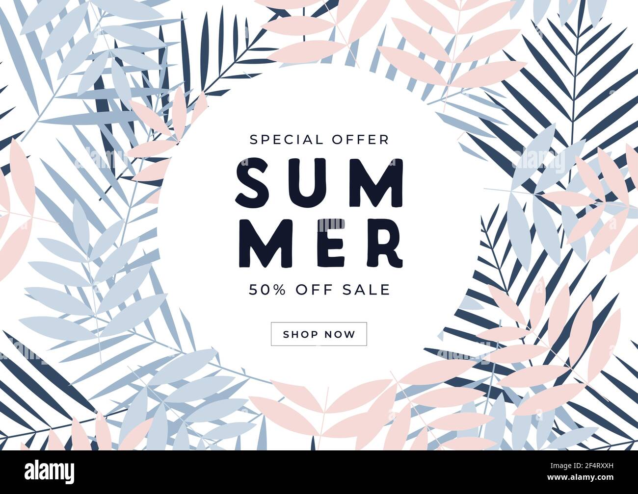 Offerta speciale Offerta estiva 50% di sconto banner. Buono omaggio tropicale, modello di buono sconto. Illustrazione Vettoriale