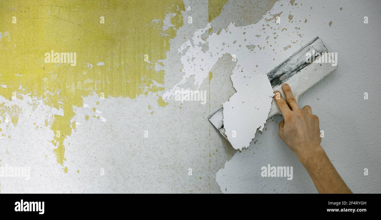 mano di lavoro con raschiatore che rimuove la vecchia carta da parati dalla parete. rinnovo interno della casa. spazio di copia della bandiera Foto Stock