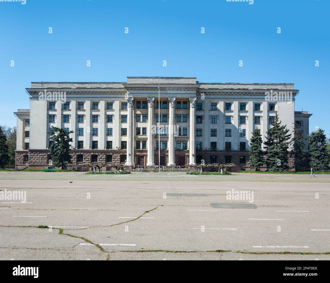 Odessa, Ucraina - Apr 29, 2019: Casa dei sindacati sul campo di Kulikovo, il luogo della morte di 42 persone durante un confronto tra sostenitori Foto Stock